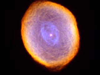 Planetary nebula IC 418, an orange shell with a violet center traced by fine patterns