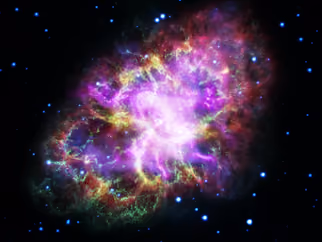 Crab Nebula in purple, pink and yellow, combining five observatories