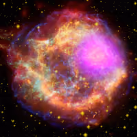 Cassiopeia A, the remains of an exploded star, a shell of pink, orange and blue filaments