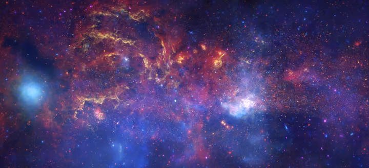 Center of the Milky Way glowing in red, blue and yellow, combined from three space telescopes