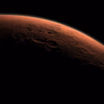 Computer-generated view of the curve of Mars at the line between night and day, with Gale Crater catching the morning light